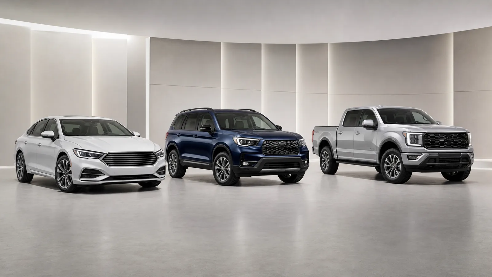 Limousine, SUV und Pickup in einem einheitlichen virtuellen Showroom