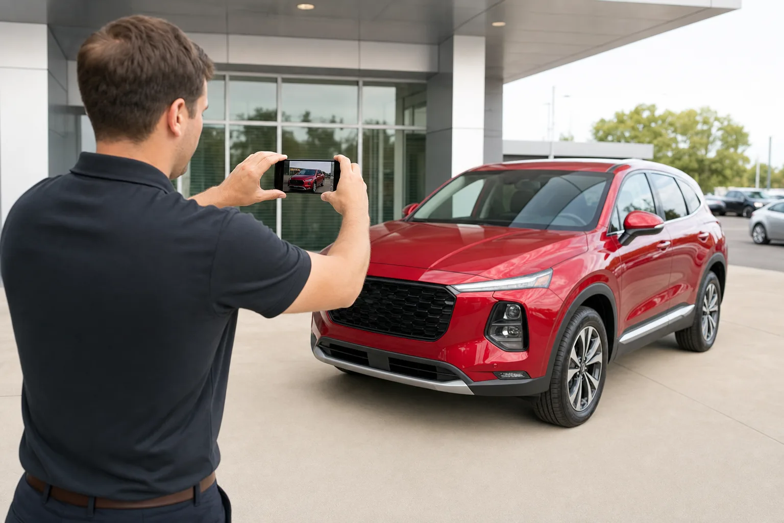 Mitarbeiter eines Autohauses fotografiert ein Fahrzeug mit dem Smartphone