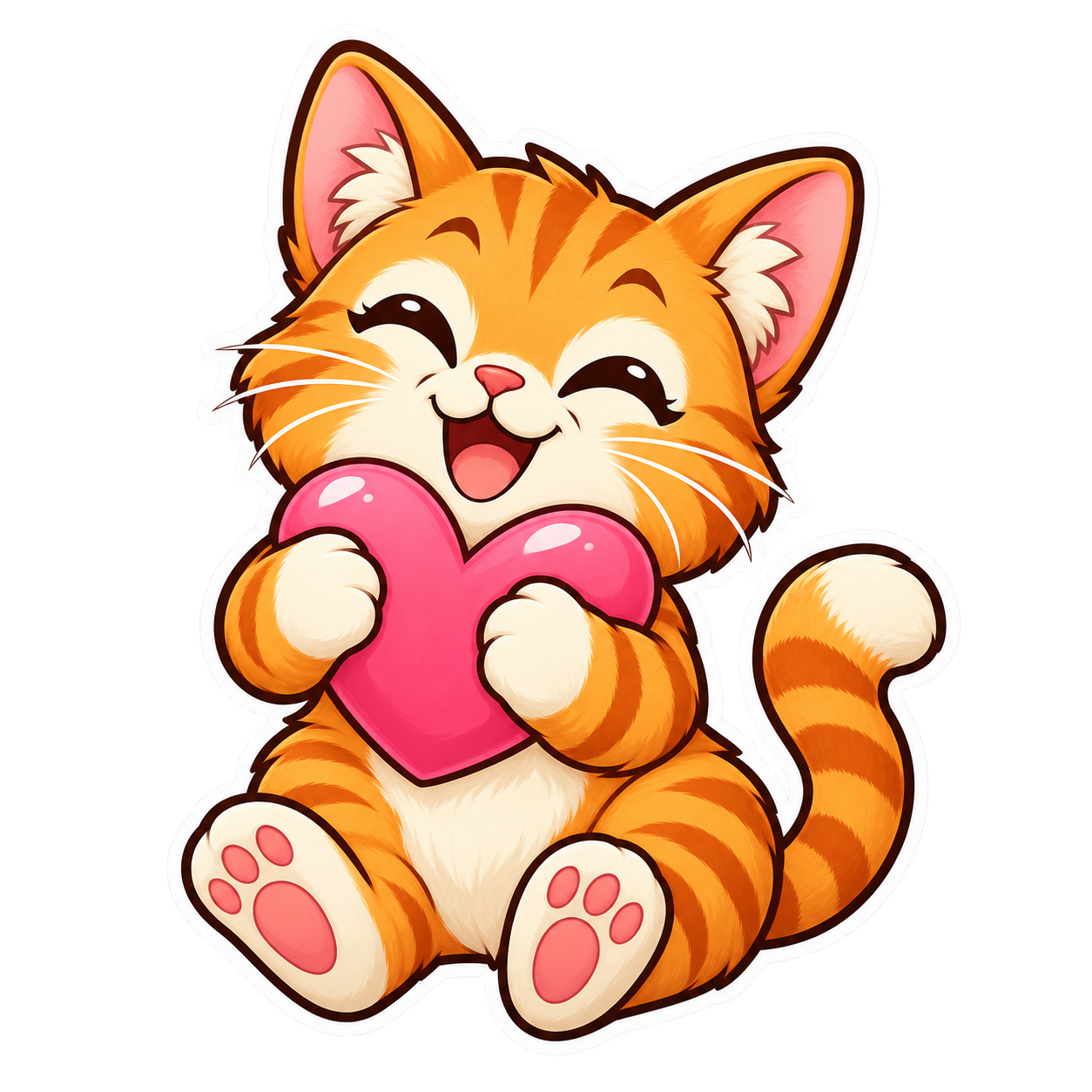 Orange cat hugging a heart sticker on a transparent background