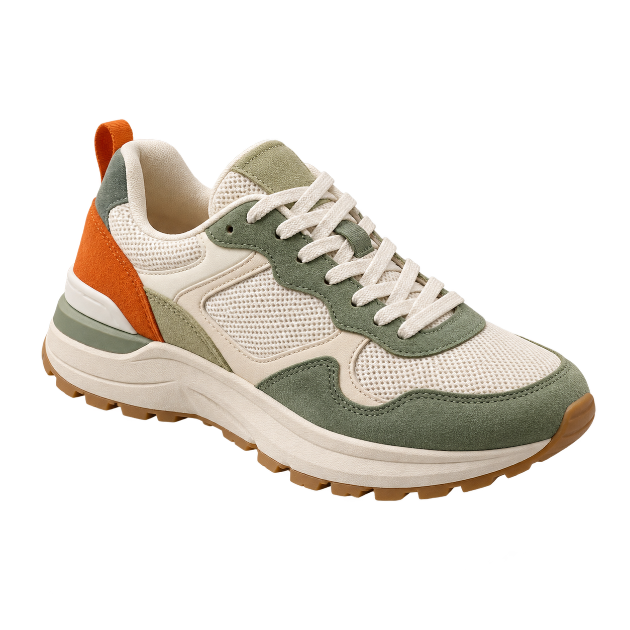 Cream and sage sneaker product cutout on a transparent background