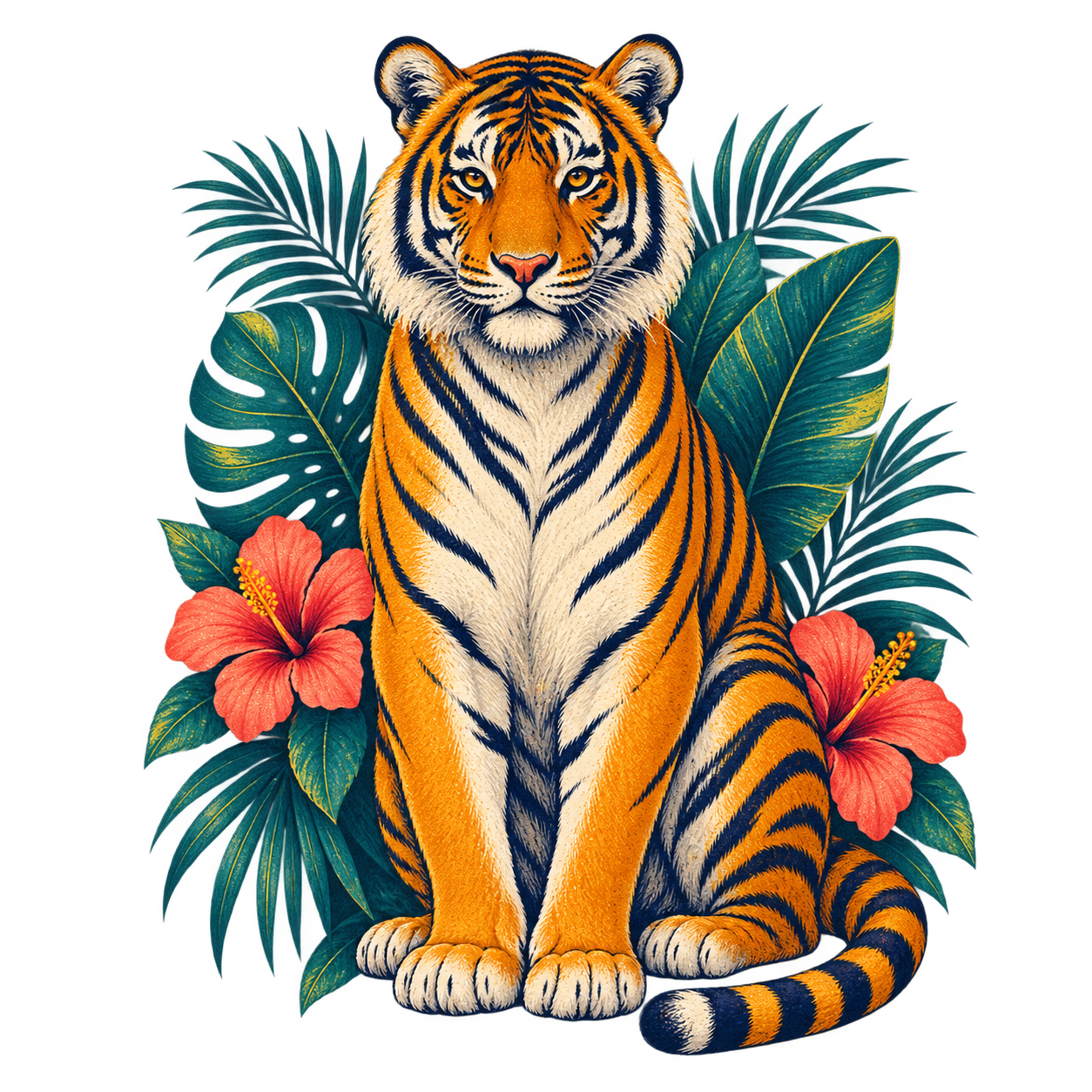 Tiger and tropical leaves print artwork on a transparent background